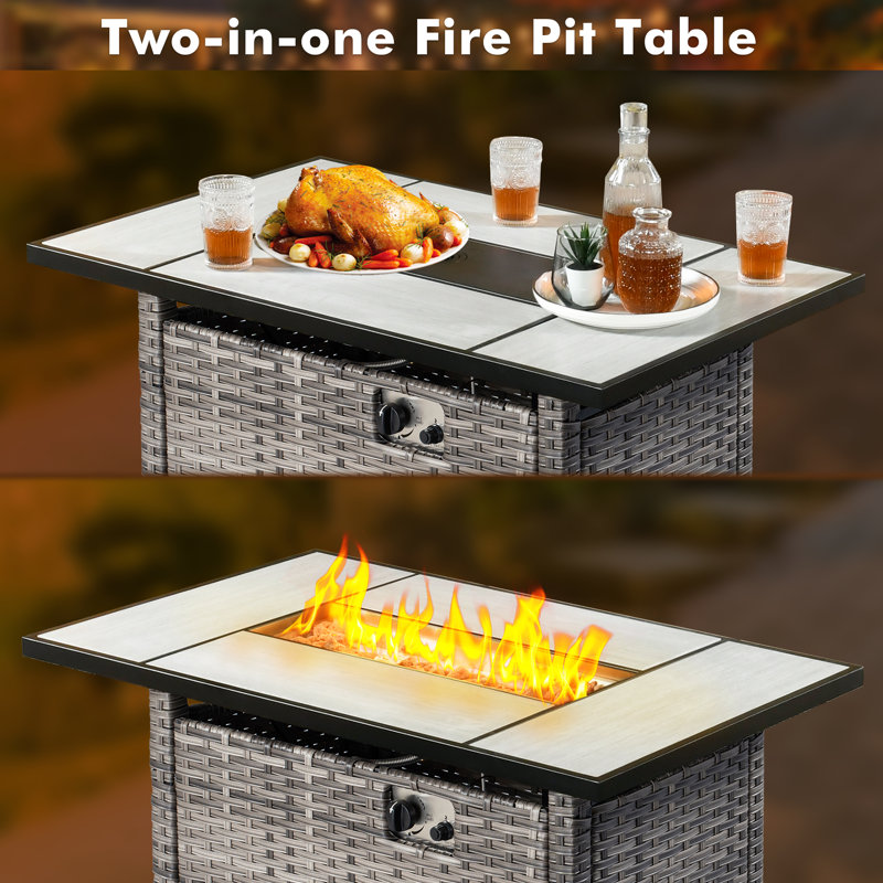 42'' X 26'' Rectangle Rattan Outdoor Propane Firepit Table, With Lid And Lava Rocks 50,000 Btu 