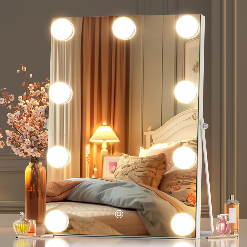 Rochelien Vanity Mirror With Lights, 10" X 14" Hollywood Mirror, Makeup Mirror With 9 Dimmable Bulbs, Smart Touch 3 Colors Dimmable, 360° Rotation, White