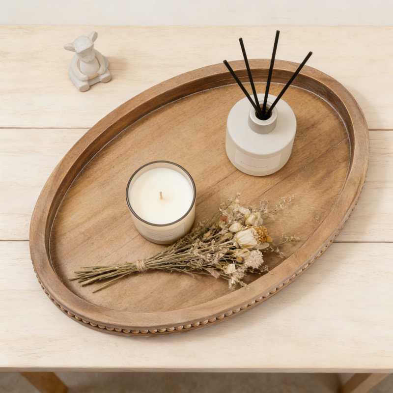 Farmhouse Wood Tray With Bead Garland, 16 Inch Oval Decorative Centerpiece For Coffee Table, Kitchen Island, Entryway Console, And Living Room Decor