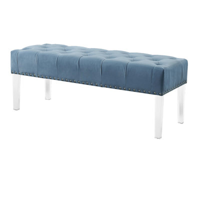 Modern Gray Velvet Bench With Acrylic Supports - Button Decorative Touch Upholstered Legs Appeal