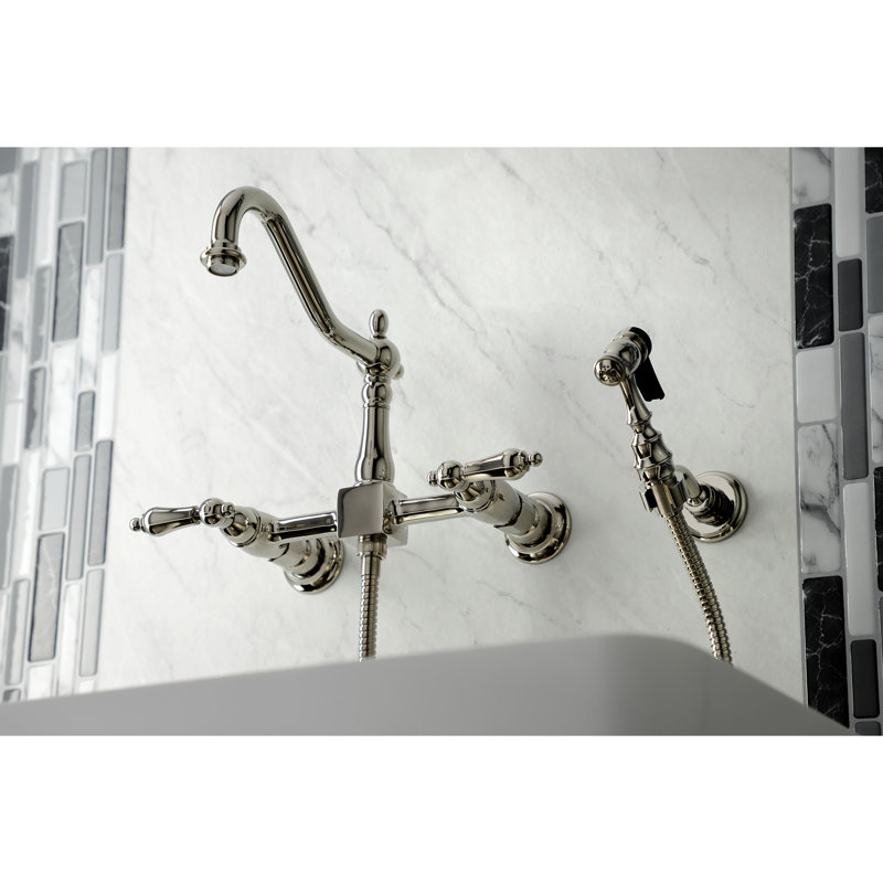 Kingston Brass Heritage Double-Handle Wall-Mount Bridge Kitchen Faucet, Polished Nickel, With Side Spray