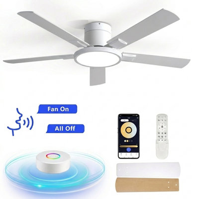 52in Black Ceiling Fan with Lights, Smart Flush Mount Ceiling Fan with Remote/APP/Offline Voice Control, 6 Speeds Reversible, 3-Color Dimmable LED,Modern Low Profile Ceiling Fan for Bedroom Living Room