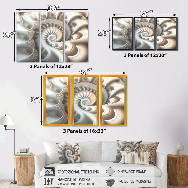 «White Fractal Spiraling II», reproduction sur toile 3 pièces, Toile encadrée noire, H 28 po x l 36 po x P 1 po