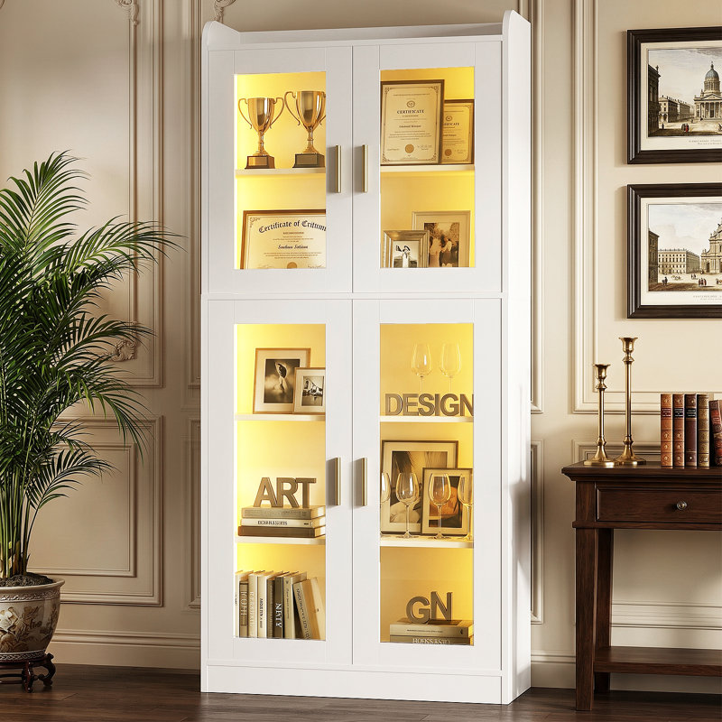67" Tall Glass Display Bookcase, 5-Tier Storage Shelves With LED Lights, Bookshelf, White, 67.4" H x 27.55" W x 13.78" D