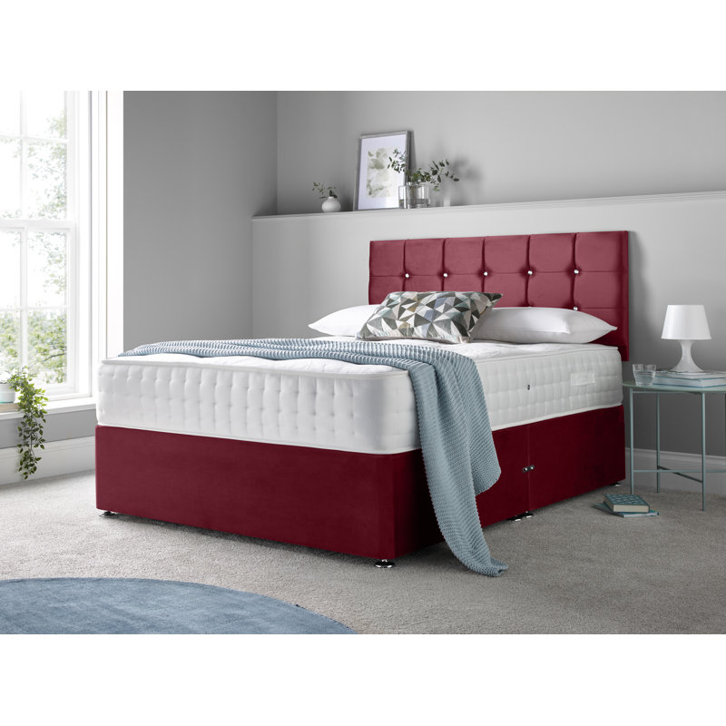 Adarah Upholstered Divan Bed with Mattress, Double (4"6), Maroon, Foot-end Drawers