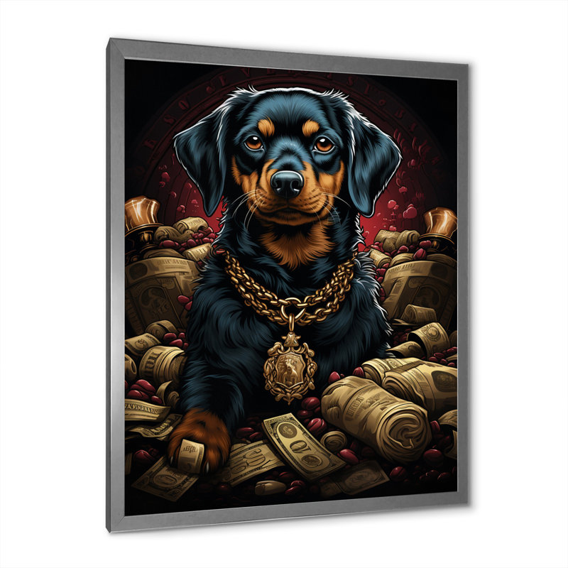 «Gangster Dachshund I» sur toile, H 32 po x l 24 po x P 1 po, Cadre simple argenté