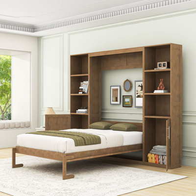 Queen-Sized Wooden Murphy Bed with Built-in Storage and Headboard