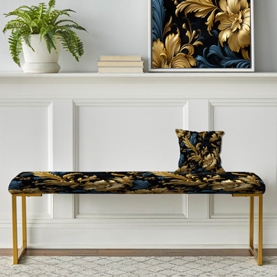 Doré et bleu doré Damask Reverie - banc rembourré en damas doré