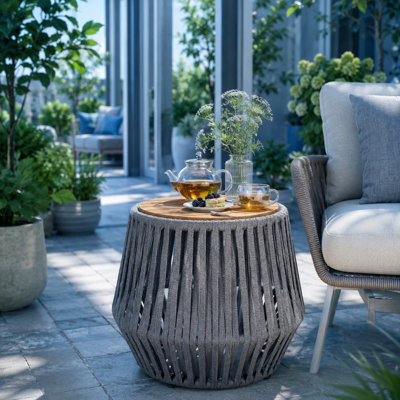 Coastal Round Patio Table with Wood Slat Top and Sculpted Rope Design