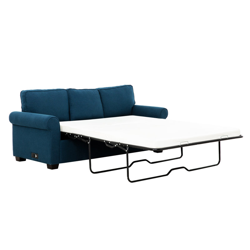 Apputhurai 80 in. Blue Queen Sleeper Sofa with USBs/Outlets