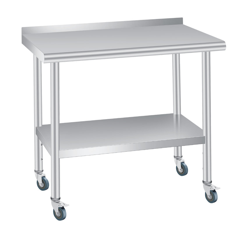Heavy Duty Stainless Steel Prep & Work Table – Commercial Kitchen Table with Backsplash, Adjustable Undershelf, 4 Locking Wheels – Restaurant, Home, Outdoor