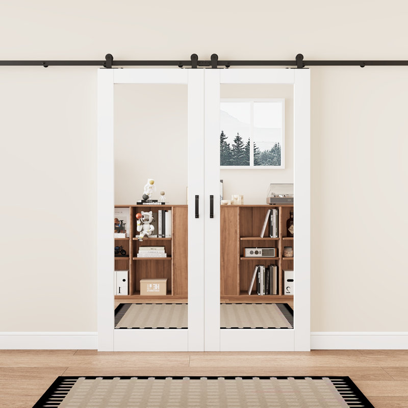 Aucun assemblage requis, porte de grange à double miroir coulissante à finition blanche et portes de garde-robe en bois manufacturé avec quincaillerie d'installation