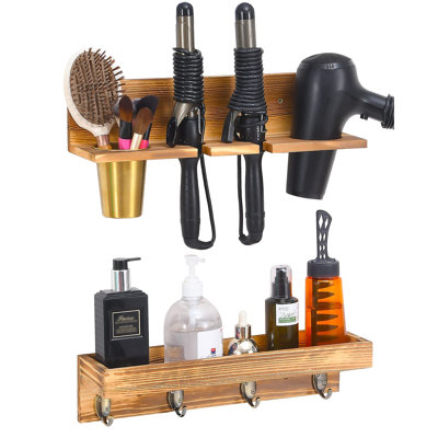 Wall Mount Hair Tool Organizer, Set Of 2 Layer Rustic Wooden Dryer Holder Rack With 4 Hooks