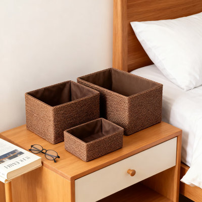 Handwoven Paper Rope Storage Basket Set With Fabric Liner, Stackable Organizer Bins For Home Organization