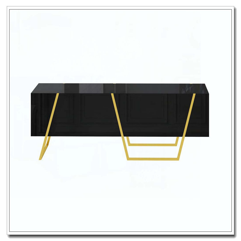 Table basse rectangulaire ultrabrillante pour le salon avec rangement et base dorée, 4 tiroirs