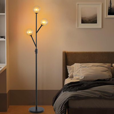67" Mid-Century Modern Floor Lamp With Dimmable 3 Globe Glass Shades For Living Room, Bedroom