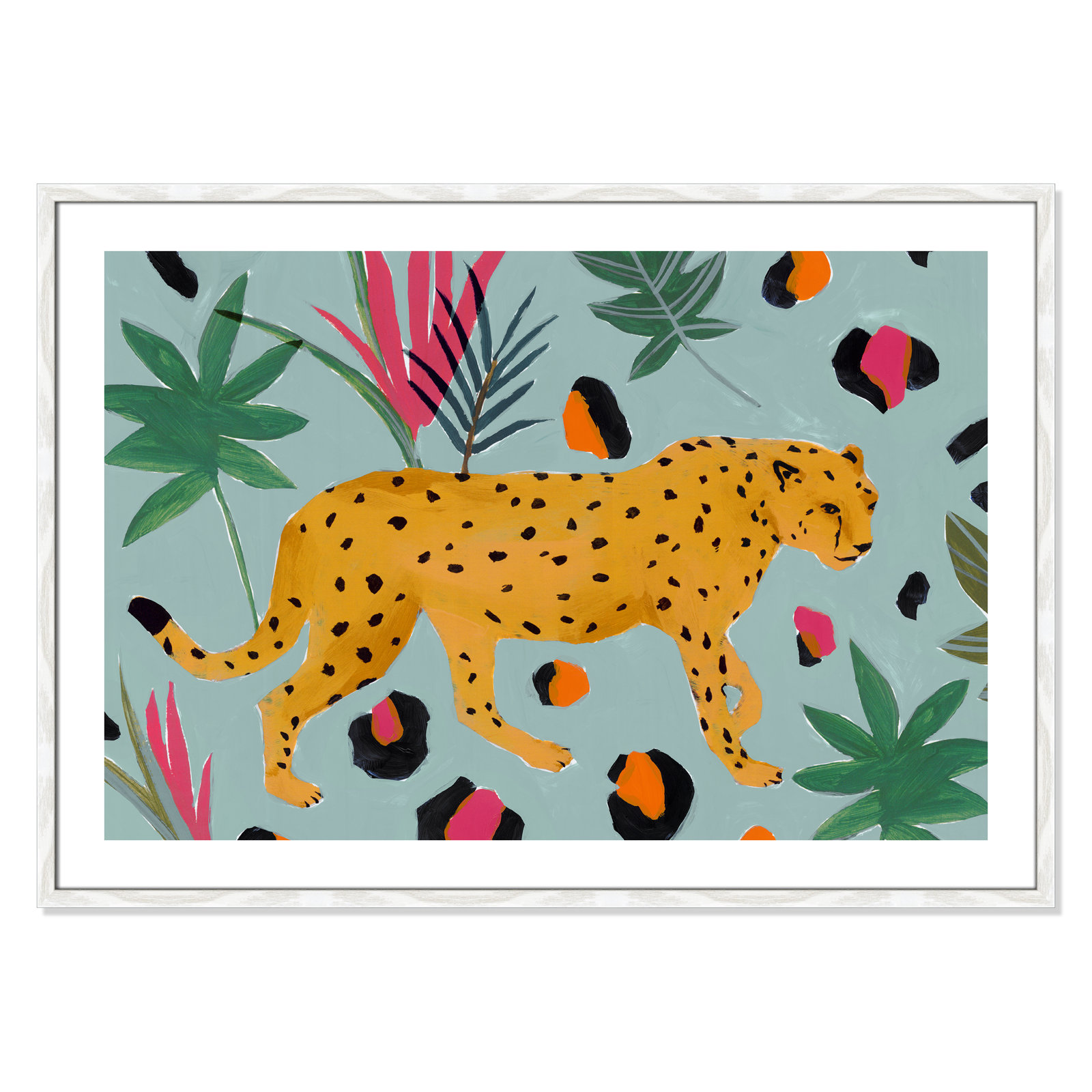 Nyles "Walking Cheetah II" Painting by Isabelle Z, 29.5" H x 41.5" W x 0.75" D, White Wood Framed Paper