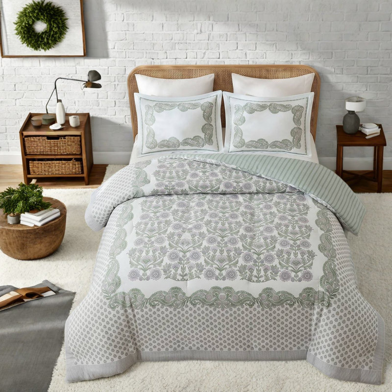 Ensemble de literie pour très grand lit vert, mélange de coton, chambre à coucher à motif floral rétro
