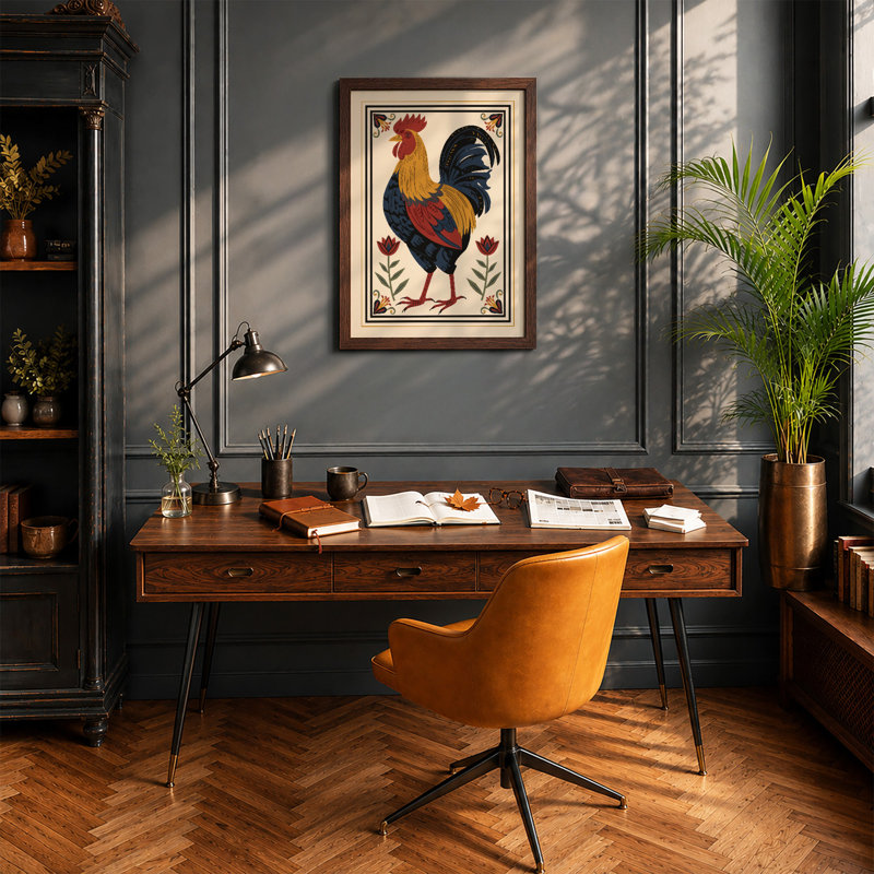 Rooster in Gold Boho - Framed Print, Walnut, A3 - 42.0 x 29.7 cm
