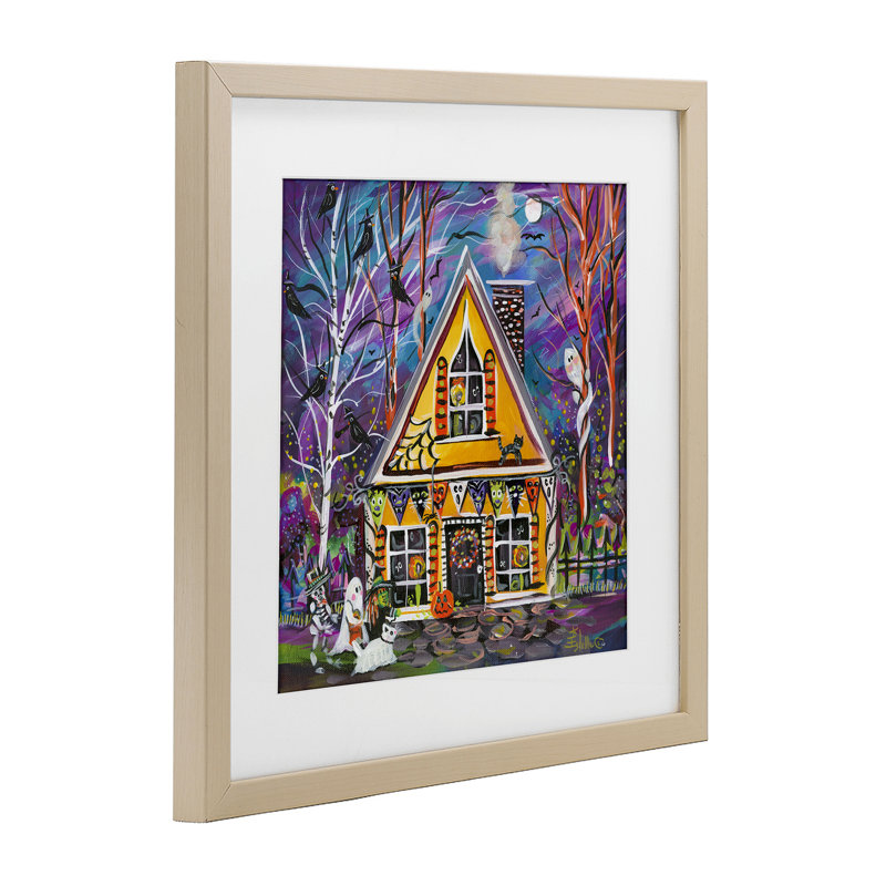 Reproduction sous verre d'Halloween Party House, H 13 po x l 13 po, Cadre de récolte en pin