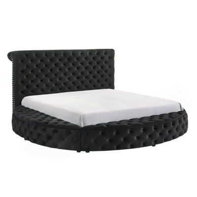 Luxurious 1Pc Glam King Size Tufted Headboard Upholstered Storage Round Bed Black Footboard Storage Wooden Bedroom Furniture