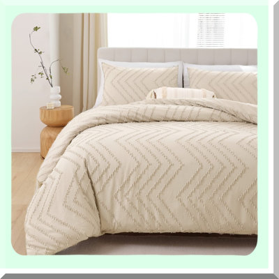Boho Bliss 3Pcs Comforter Set - Farmhouse Queen Bedding, Vertical Tufted Lightweight Neutral Bed Set with 2 Pillowcases.