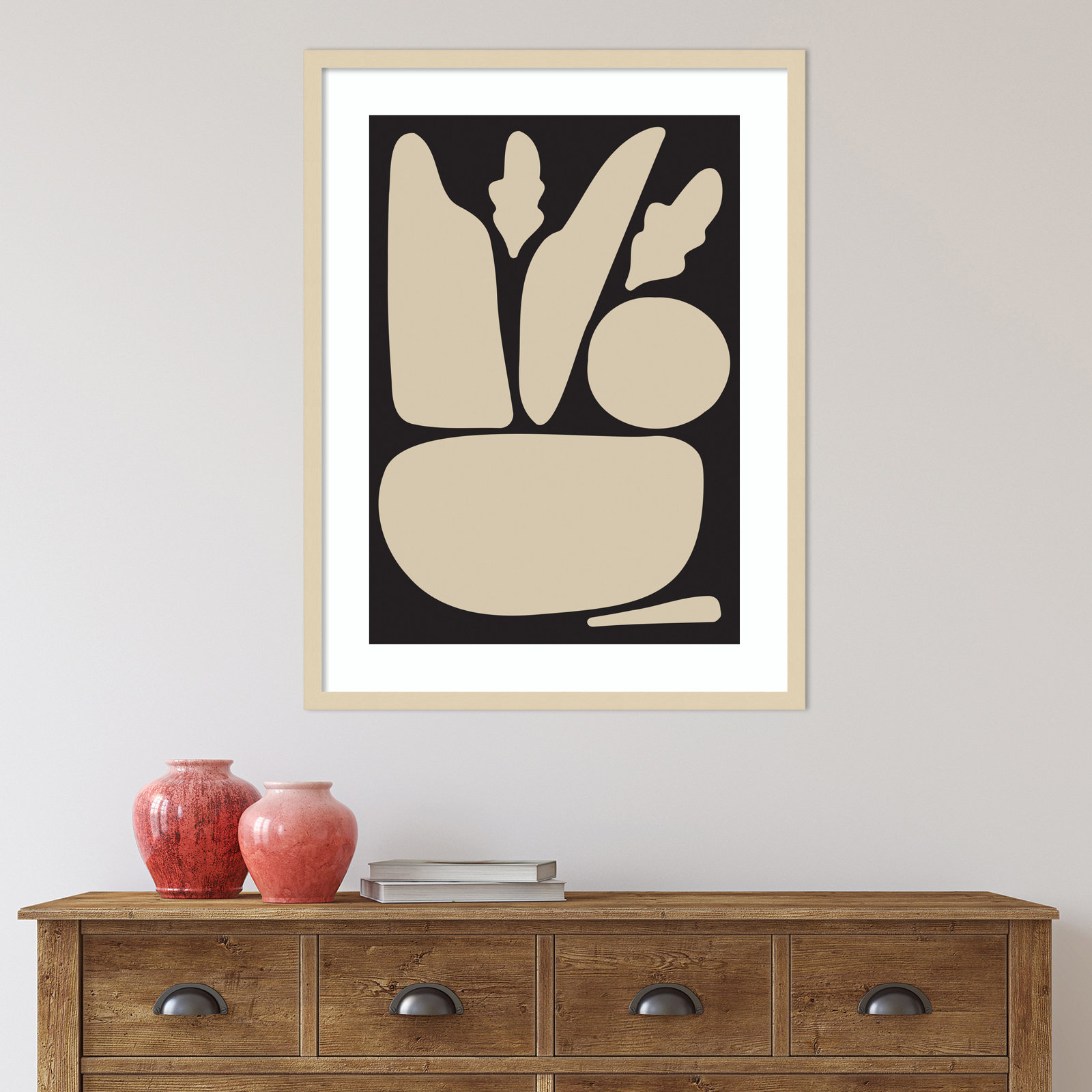 Zen Botanical Rock Black and Tan Print, Brown Framed, 33" H x 25" W