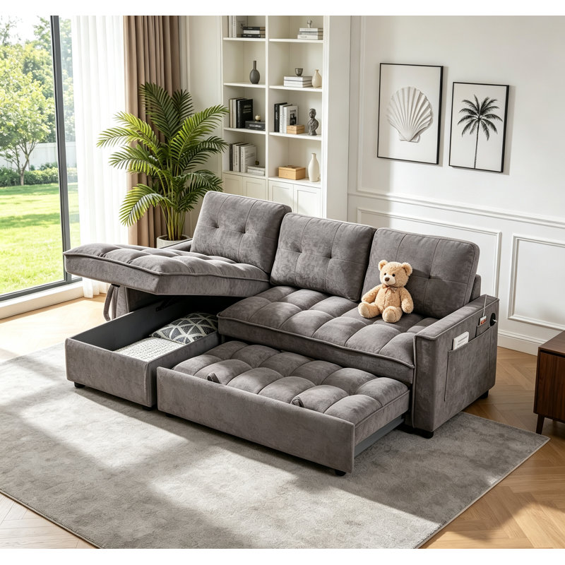 Canapé-lit modulaire en L 71 po avec méridienne de rangement en cuir et canapé-lit réversible convertible moderne avec ports USB et poche latérale