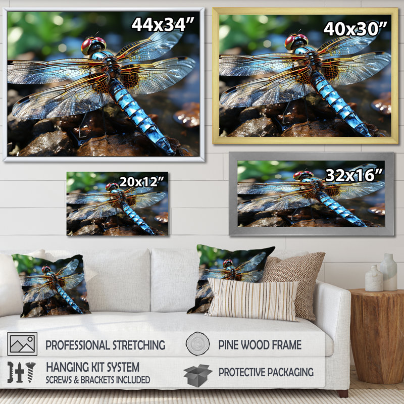«Blue Fluttering Dragonfly I», art mural libellule, Cadre flottant noir, H 12 po x l 20 po x P 1 po