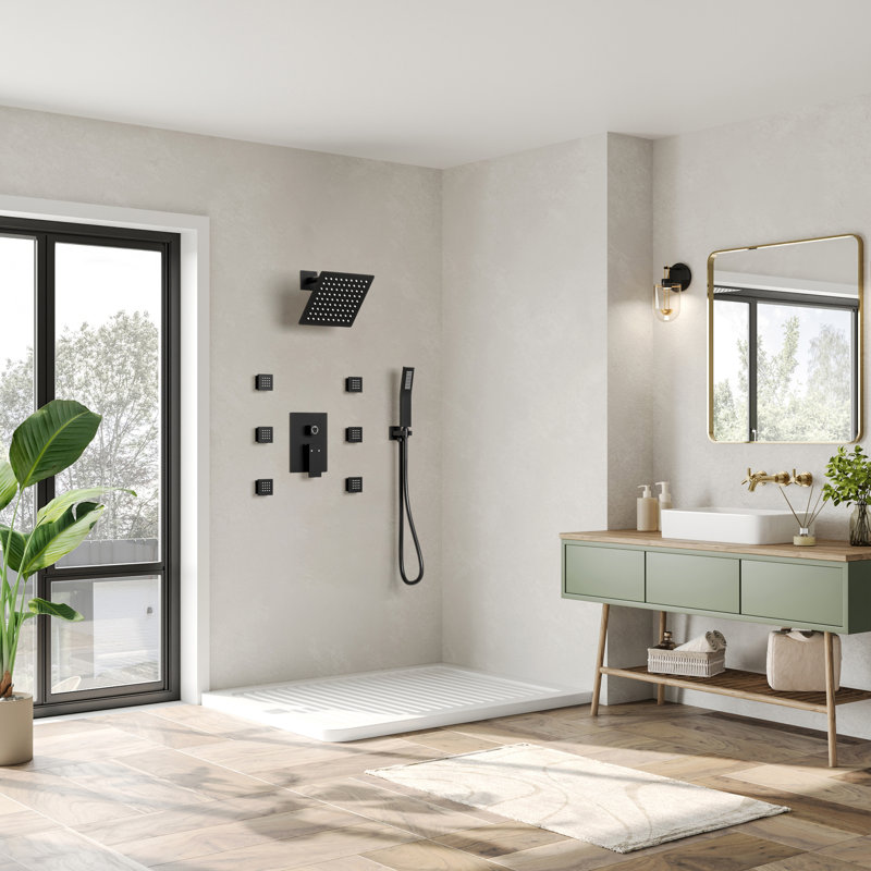 Système de douche à pression équilibrée avec pomme de douche à pluie 10 po, douche à main et jet de corps, Noir mat