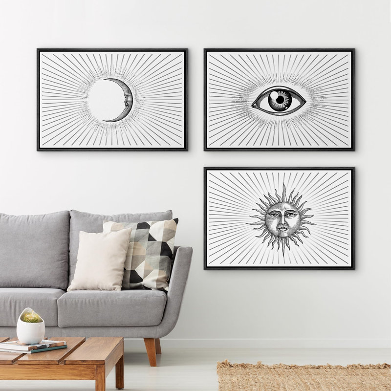 "Soleil, lune et œil avec lignes lumineuses" 3 pièces, Cadre noir, H 16 po x l 24 po