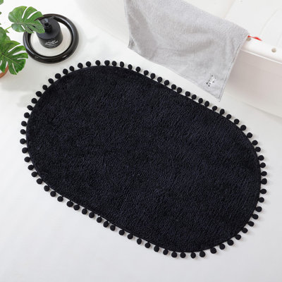 Yirddeo Bath Mat Oval Rug With Pom, Boho Rugs For Bedroom And Bathroom With Non Slip