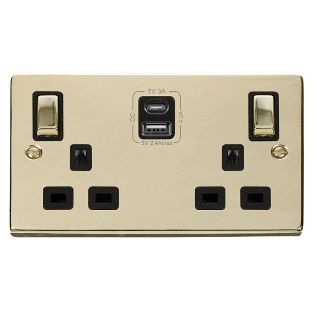 Polished Brass 2 Gang 13A DP Ingot Type A & C USB Twin Double Switched Plug Socket