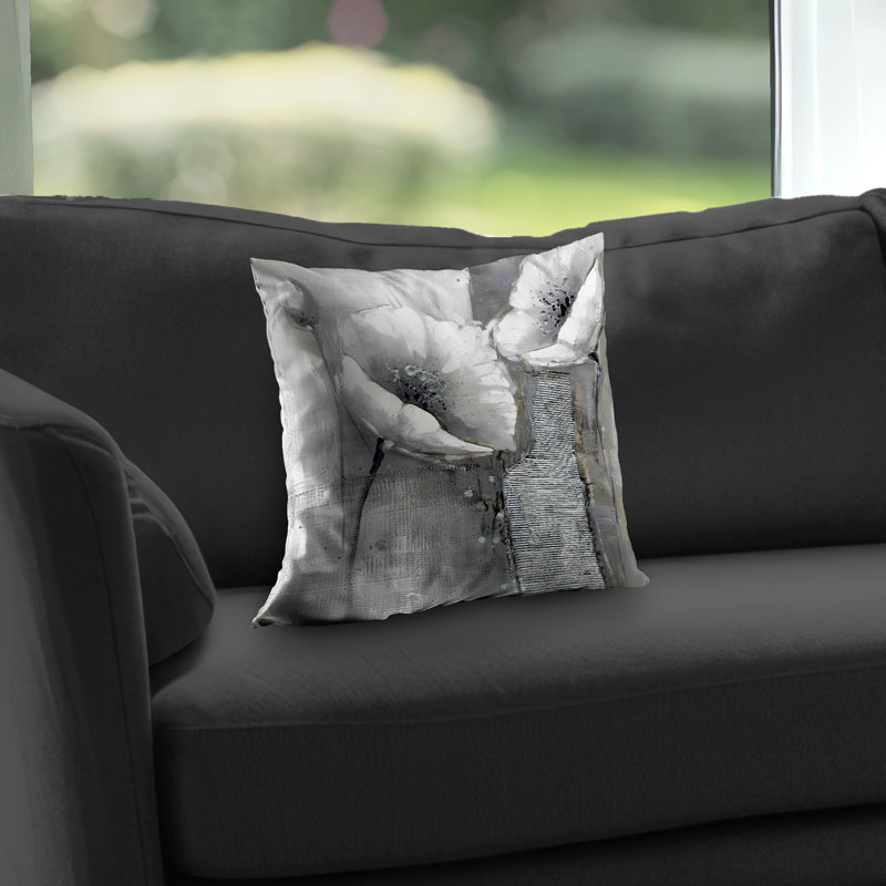 Industrial Monochrome Flowers - White Botanical Throw Pillow – Poly Twill Throw Pillow with Insert, Double-Sided Print