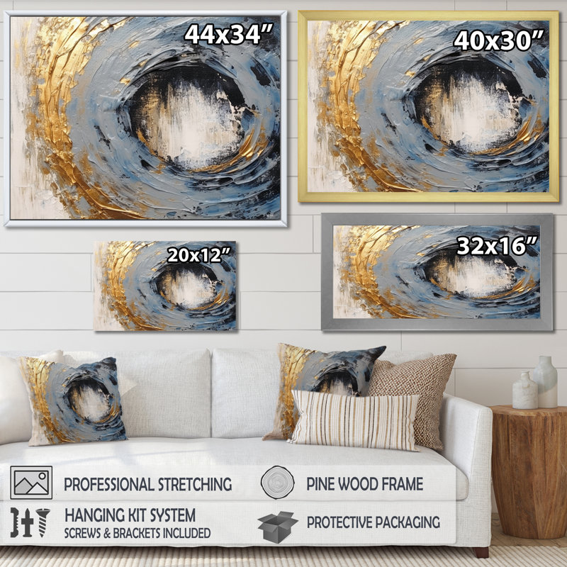 «Gold and Blue Vibrant Spirals I» sur toile, H 30 po x l 40 po x P 1,5 po, Cadre flottant noir
