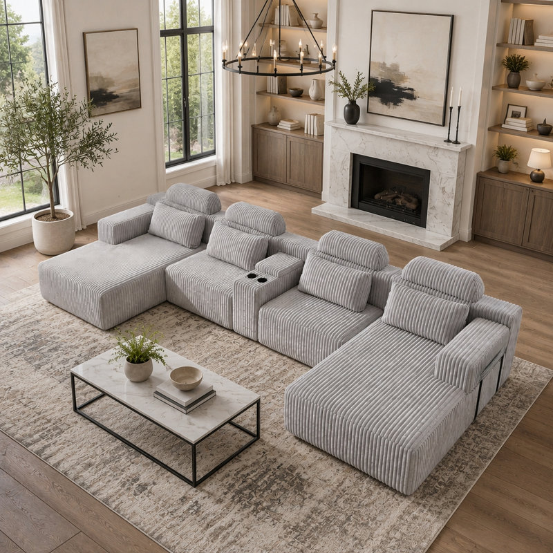 Canapé modulaire en U en velours côtelé avec porte-gobelets, Velours côtelé gris