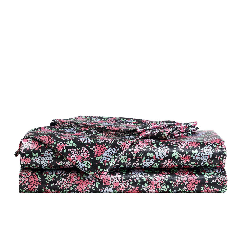 Betsey Johnson Soft Satin Sheet Sets, Full Sheet Set with 2 Pillowcases, Retro Daisy Pink