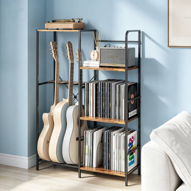 Support pour guitare avec support pour tourne-disque, tablette à 3 niveaux pour rangement d'amplis et de vinyles, pouvant accueillir 3 guitare pour Home Studio de musique