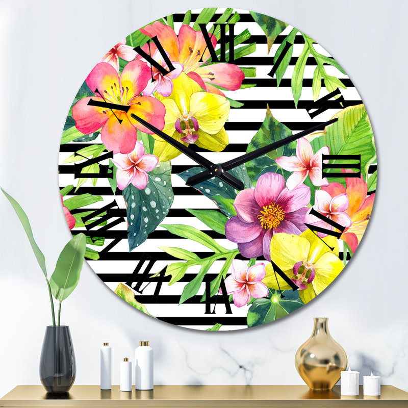 Fleurs tropicales en rose jaune et orange - Horloge murale tropicale, Moyen