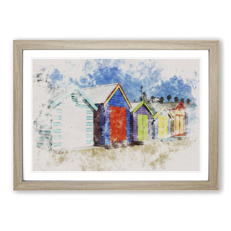 Colourful Beach Huts - Picture Frame Painting, Oak, 65cm H x 90cm W x 2cm D