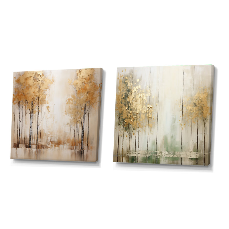 Minimalisme - Ensemble de 2 collages carrés forêt et or, Toile tendue, H 16 po x l 33 po