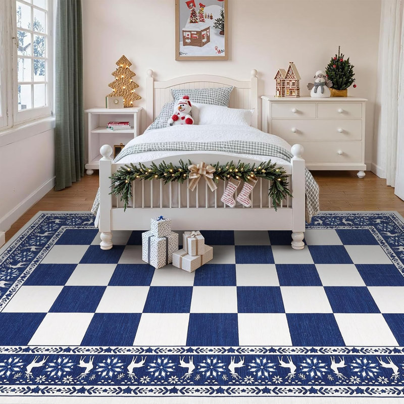 8x10 Checkered Christmas Area Rug, Washable Non Slip Low Pile Rug for Dining Room, Blue, Blue, Rectangle 8' x 10'
