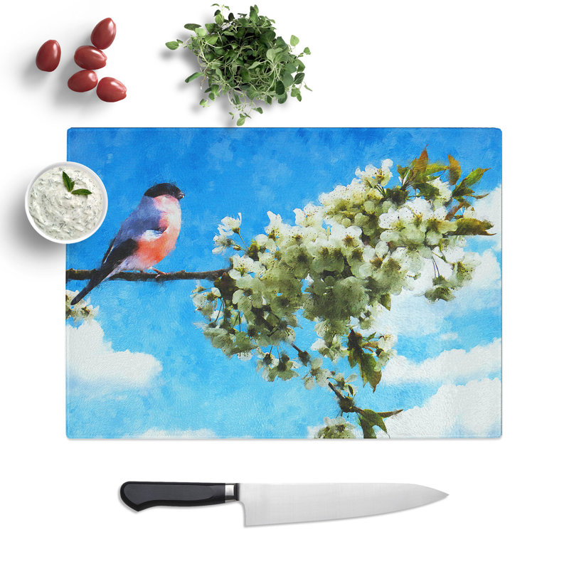 Bullfinch Bird on a Tree Painting Chopping Board, 0.4cm H x 28.5cm W x 39cm L