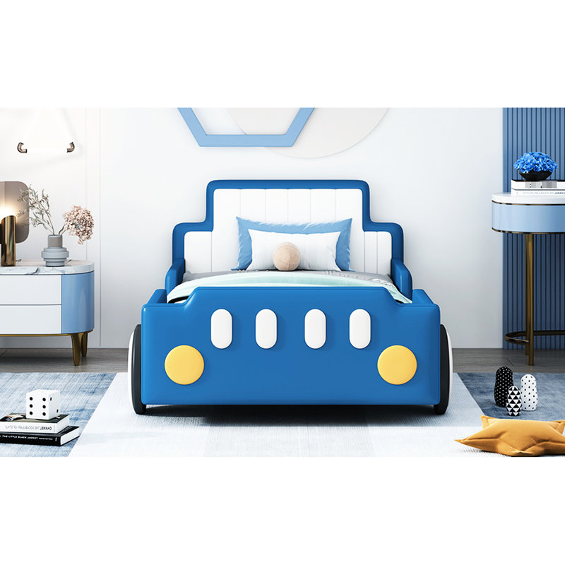Lit simple avec roues en forme de voiture de course, bleu, assurant des roues de sommeil saines et reposantes, couleur bleue, offrant une expérience de sommeil confortable