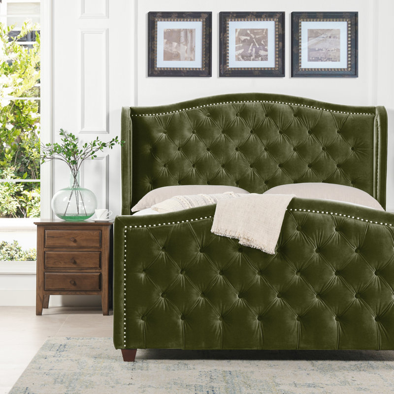 Coleman Upholstered Wingback Bed, Queen, Olive Green Velvet