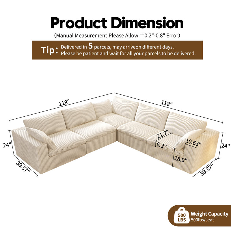 Boneless V-Shaped Modular Corner Sectional 5-Piece Plush Corduroy Sofa,118"W Cloud Couch,No Assembly Required Boneless Couch
