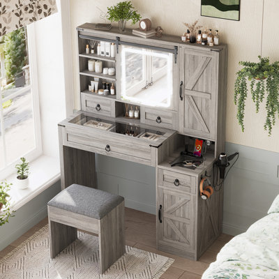Farmhouse Vanity Desk With Sliding Mirror, LED Lights, And Charging Station, Dressing Table With 4 Drawers And 2 Cabinets, Gray