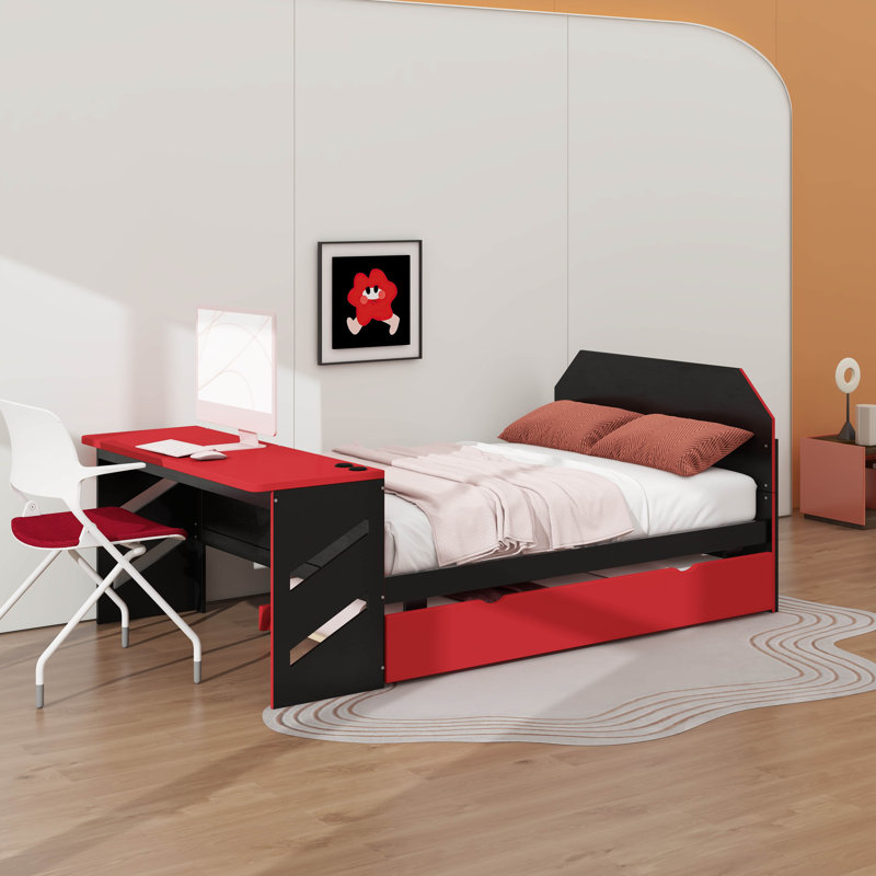 Lit de jour double en bois avec couchette, bureau et port USB, Rouge