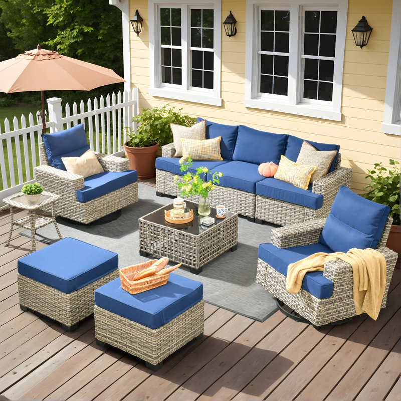 Ensemble de conversation d'extérieur en rotin pour 7 personnes avec chaises berçantes pivotantes, Marine