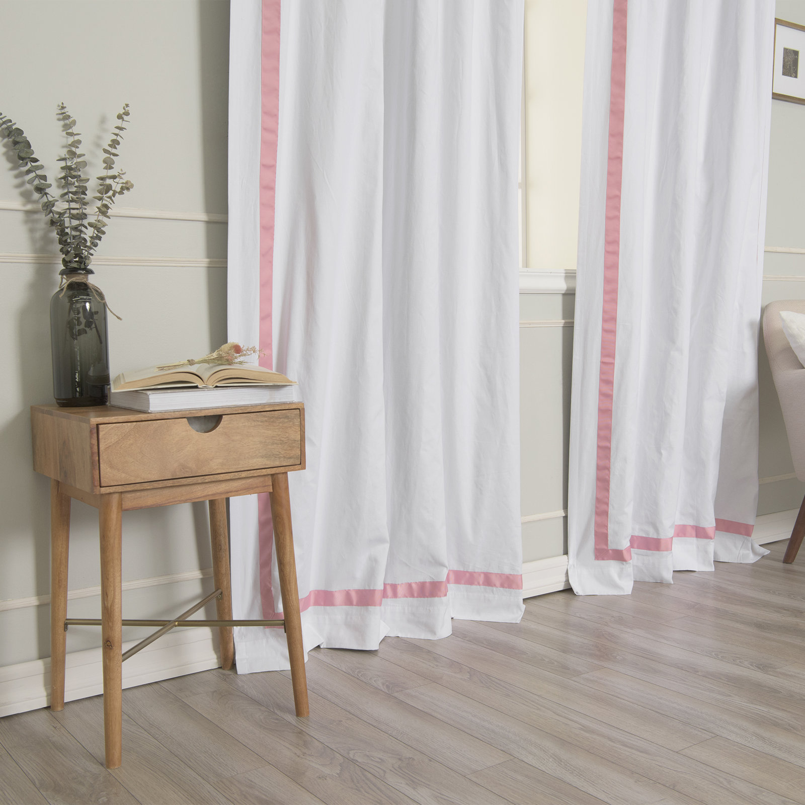 Nico Blackout Cotton Curtain Panel Set, White/Pink